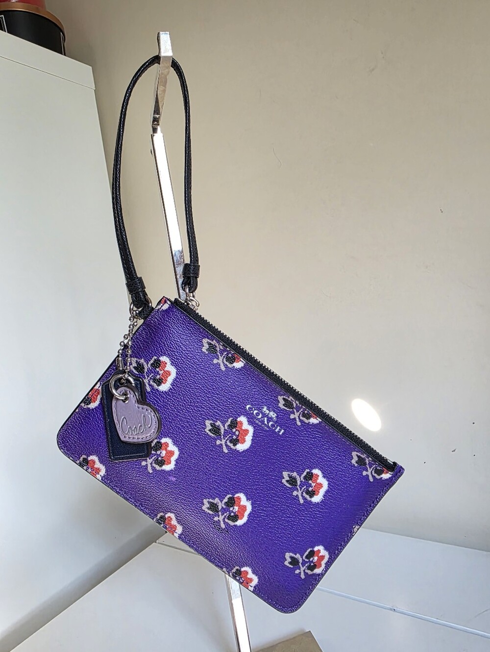 Coach Purple Floral Wristlet with Black Strap